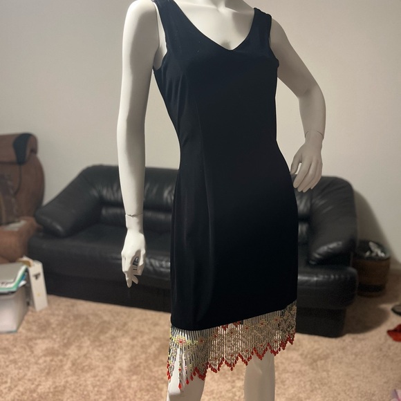 velvet strapless Elegant Black Midi Dress designer with Beaded Hem EUC - Picture 7 of 12